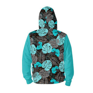 Unisex Hawaiian Print Hooded Sweatshirt - Black and Turquoise
