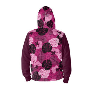 Unisex Hawaiian Print Zip Hooded Sweatshirt - Magenta and Black